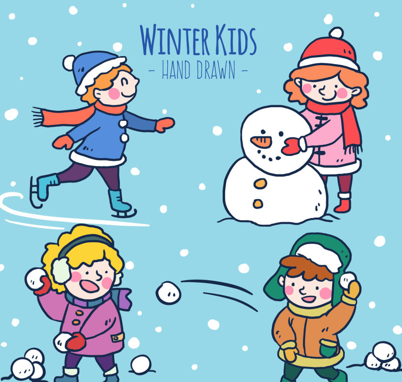 创意矢量冬季玩雪的孩子平面插图