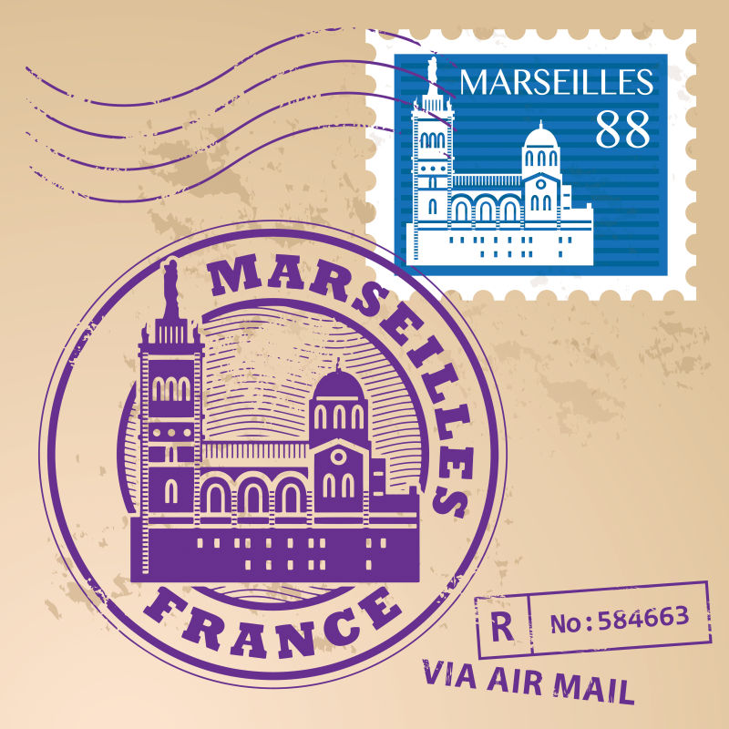 矢量紫色法国旅游印章