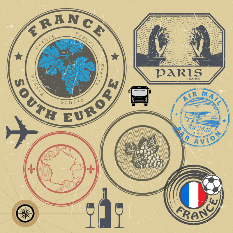 创意矢量法国主题的旅游印章插图
