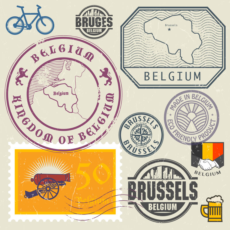 矢量比利时旅行印章设计
