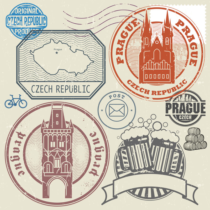 创意矢量现代捷克主题的旅游印章设计