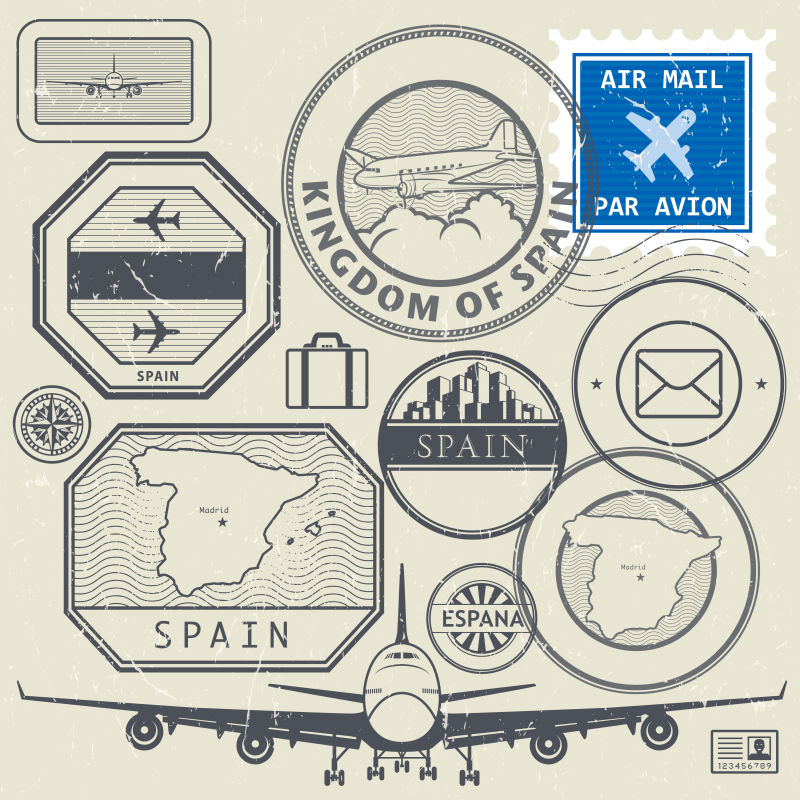 创意矢量现代西班牙主题的旅行印章插图