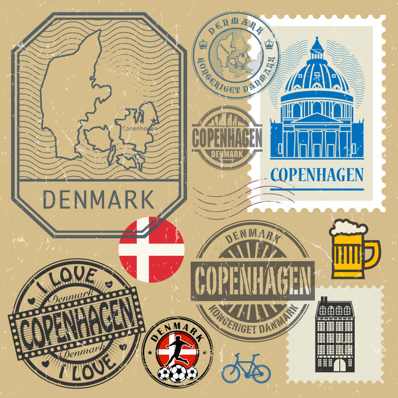 创意矢量丹麦主题的旅游印章插图