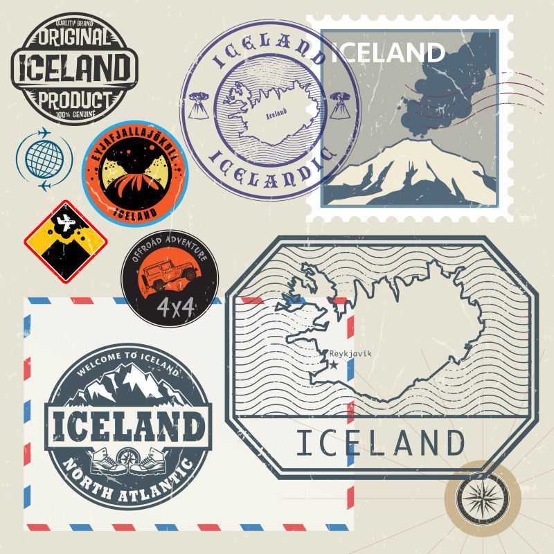创意矢量现代冰岛旅行主题印章设计