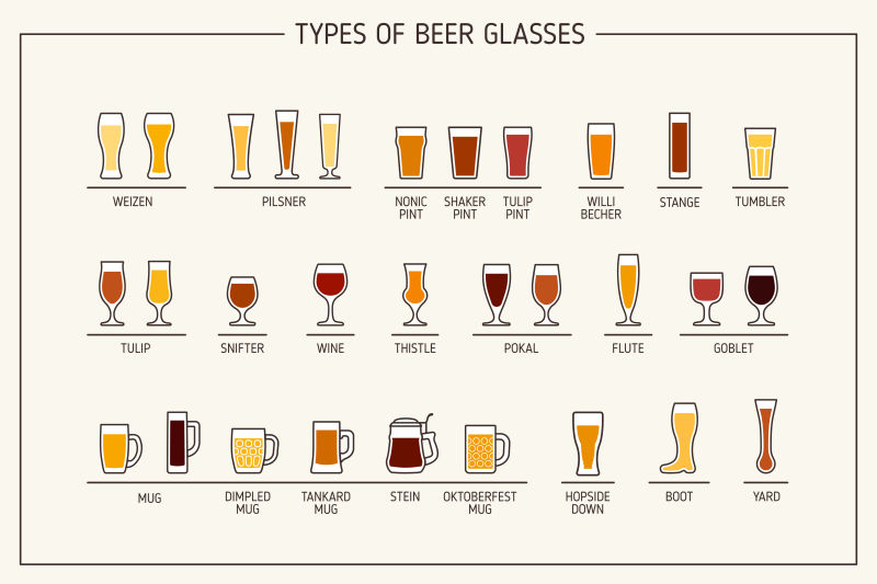 啤酒玻璃杯类型矢量插图