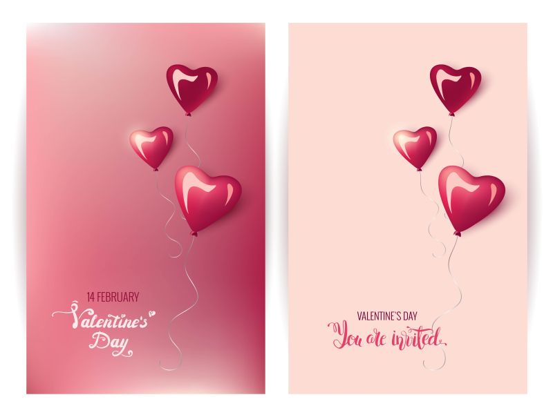 两张3D光滑的心形气球矢量情人节卡片