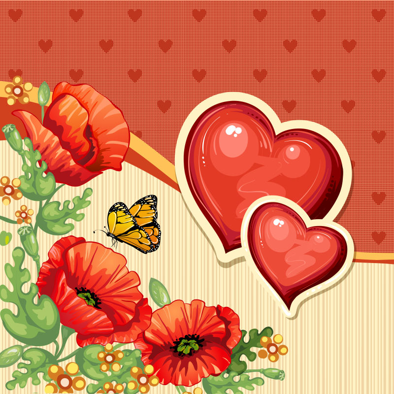 矢量的罂粟花和爱心插图