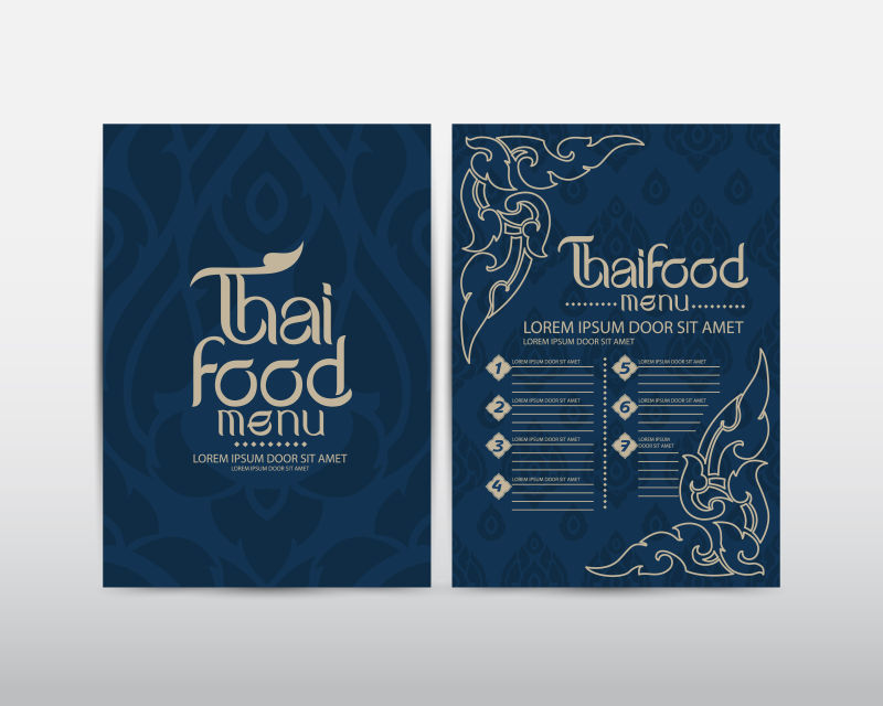 矢量蓝色花纹装饰的泰国食品菜单设计