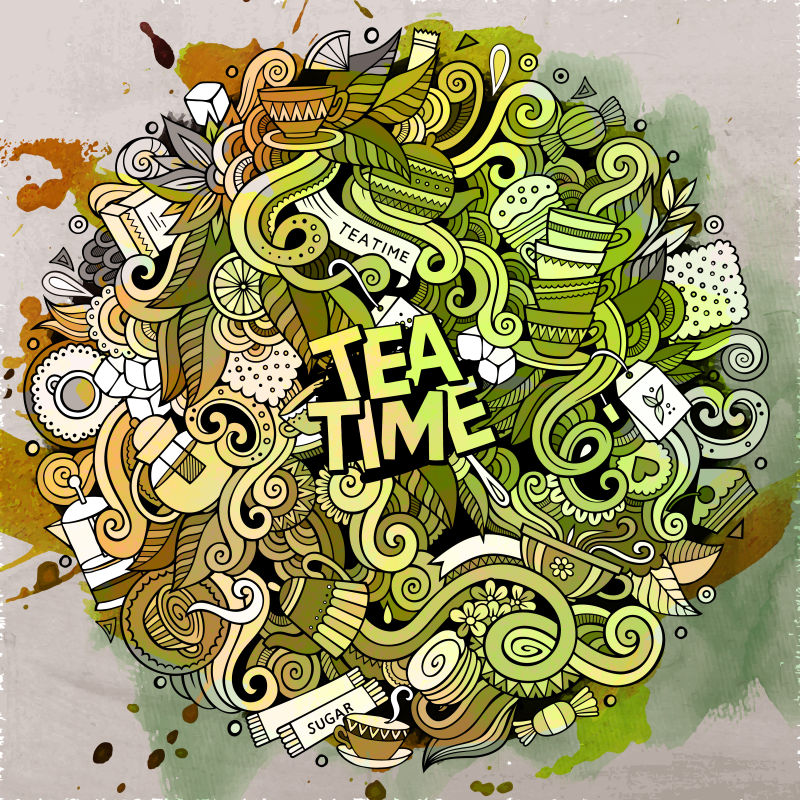 抽象矢量茶时间的涂鸦概念插图