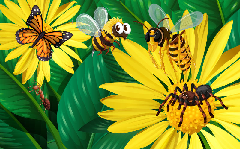 抽象矢量现代采蜜的蜜蜂和蝴蝶卡通插图设计