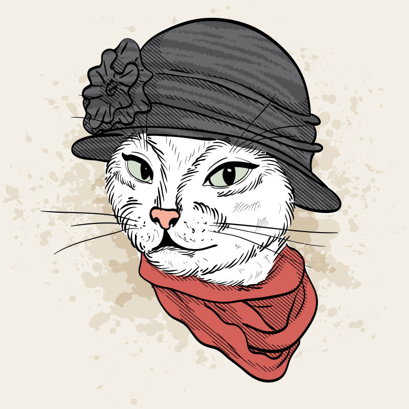 矢量现代戴帽的优雅猫脸女人插图设计