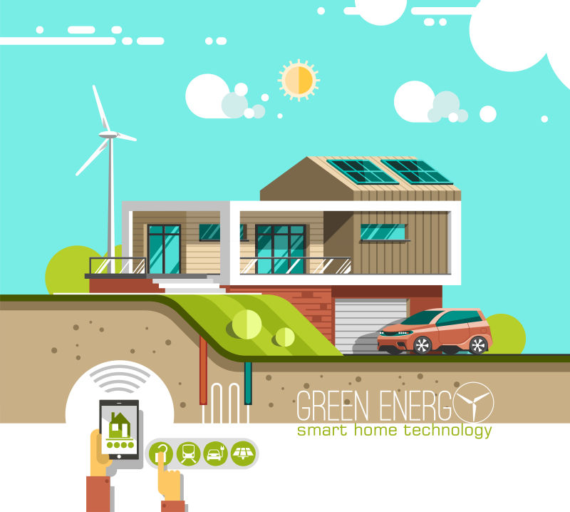 抽象矢量绿色能源房子的平面插图