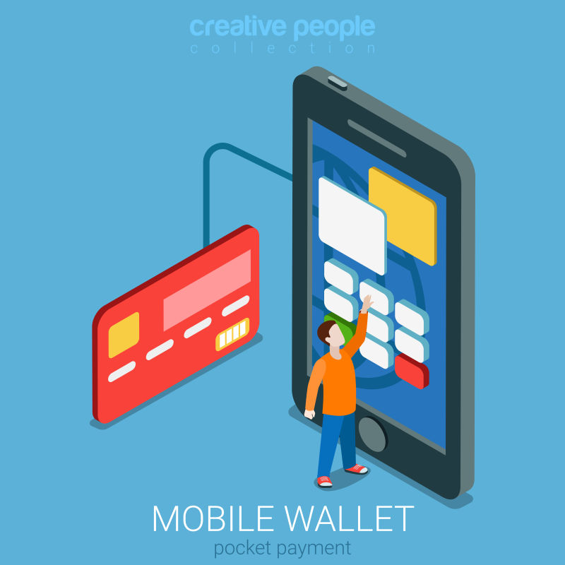 创意矢量手机钱包支付概念的平面插图设计