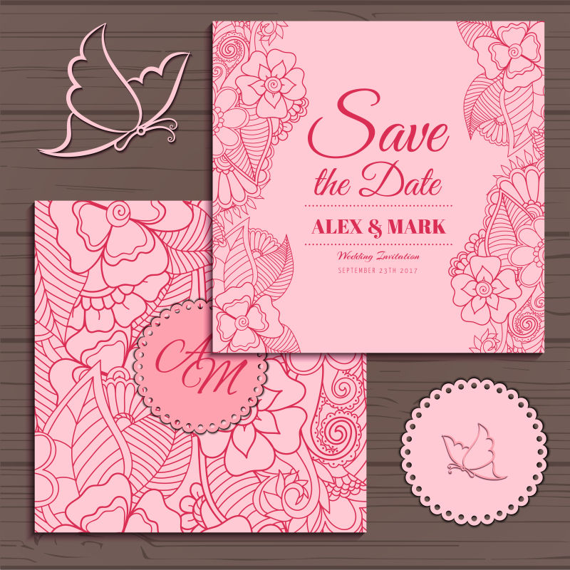 创意矢量粉色花卉装饰的请帖设计