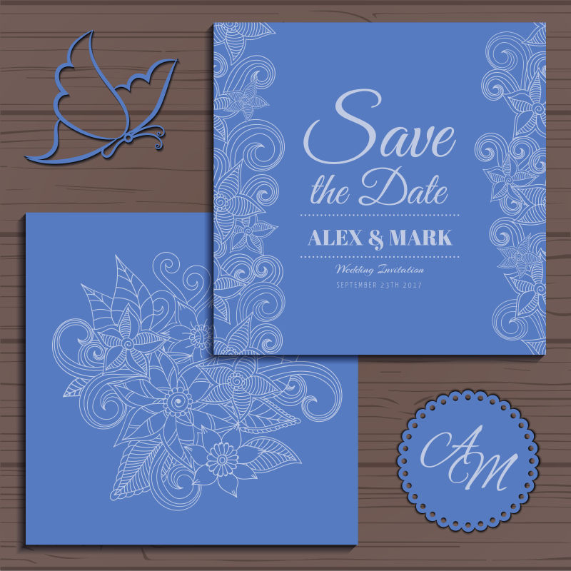 创意矢量手绘花朵装饰的蓝色婚礼请帖设计
