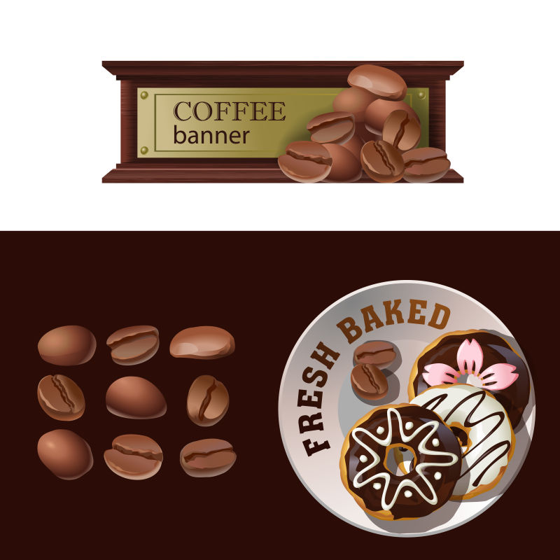 矢量旗帜徽章图标与图标咖啡豆和甜甜圈