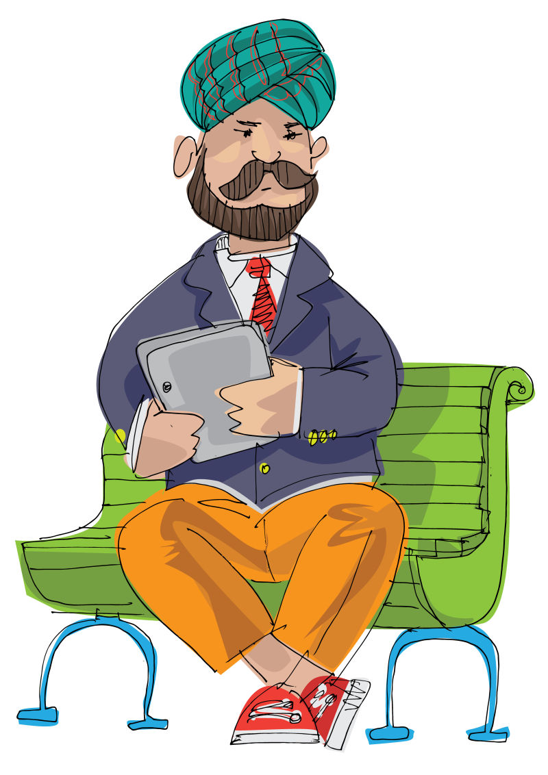 一位留着胡子的印度商人手里拿着平板电脑坐在长凳上