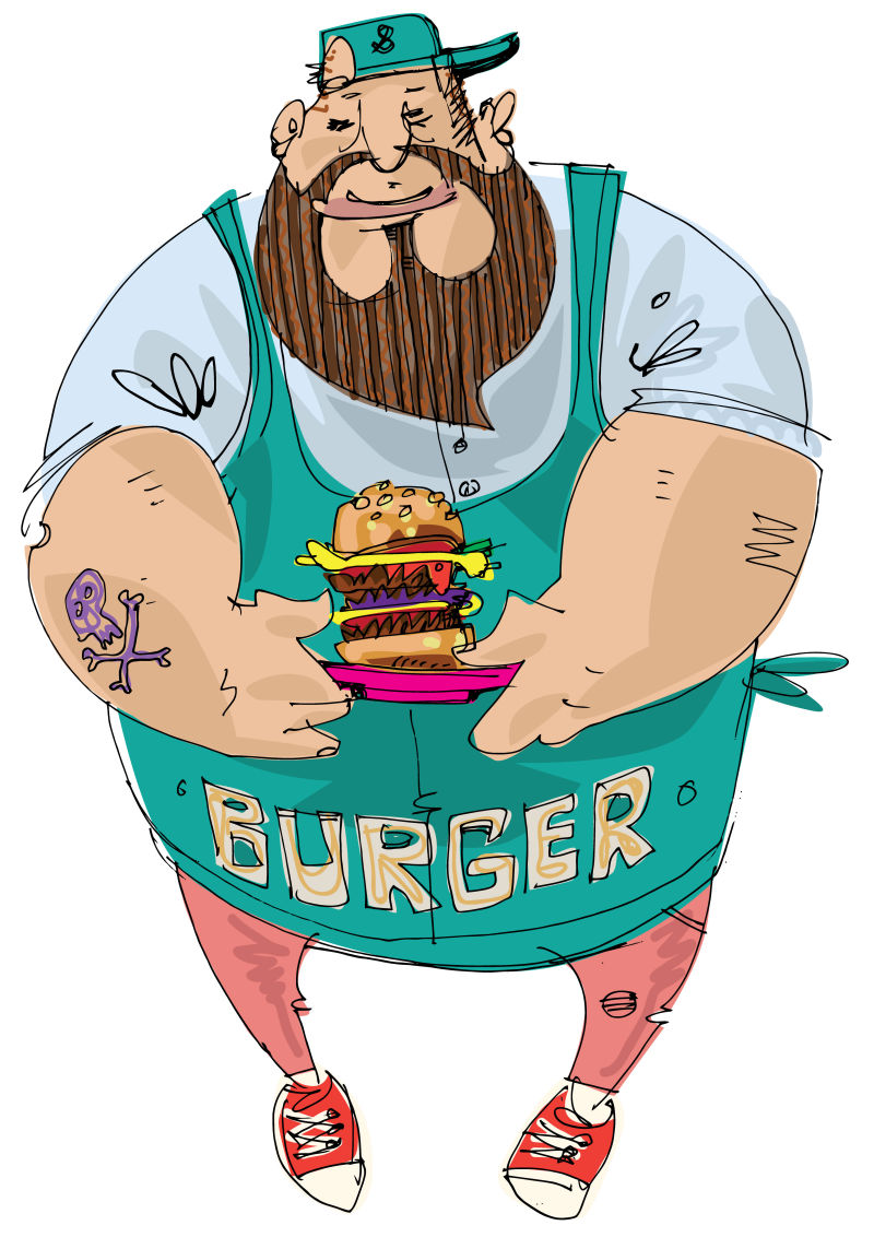 胖胖的红发胡子厨师手里拿着汉堡包卡通漫画