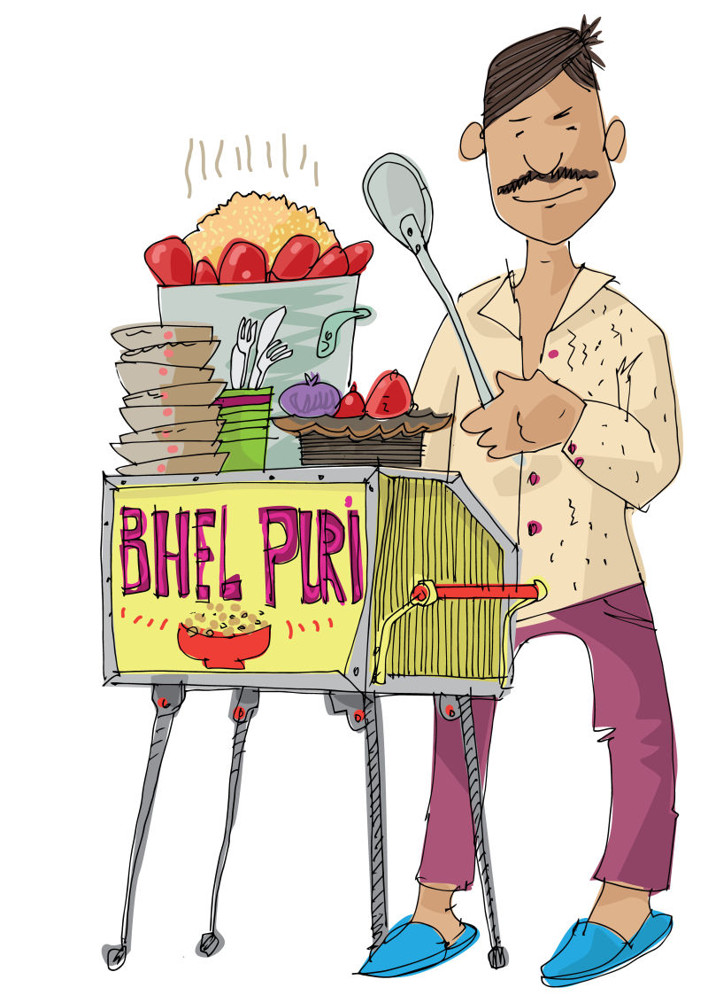 印度街头小贩正在出售传统印度菜BHEL普瑞卡通