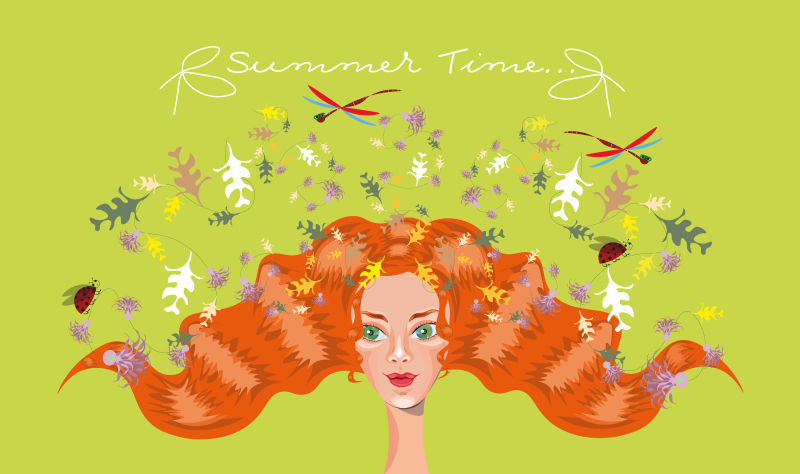 矢量插图与一个美丽的女孩长红色的头发装饰蓟花瓢虫和蜻蜓