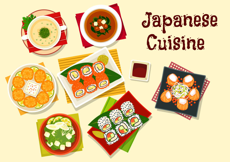 抽象矢量日本美食的平面插图