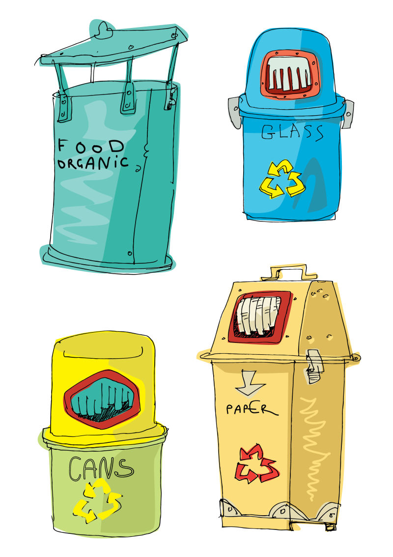 抽象矢量现代彩色垃圾桶设计插图