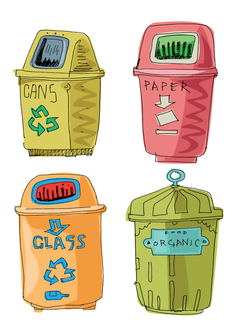 抽象矢量现代彩色卡通垃圾桶设计插图