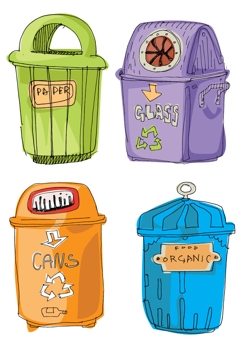 抽象矢量彩色现代垃圾桶手绘插图设计