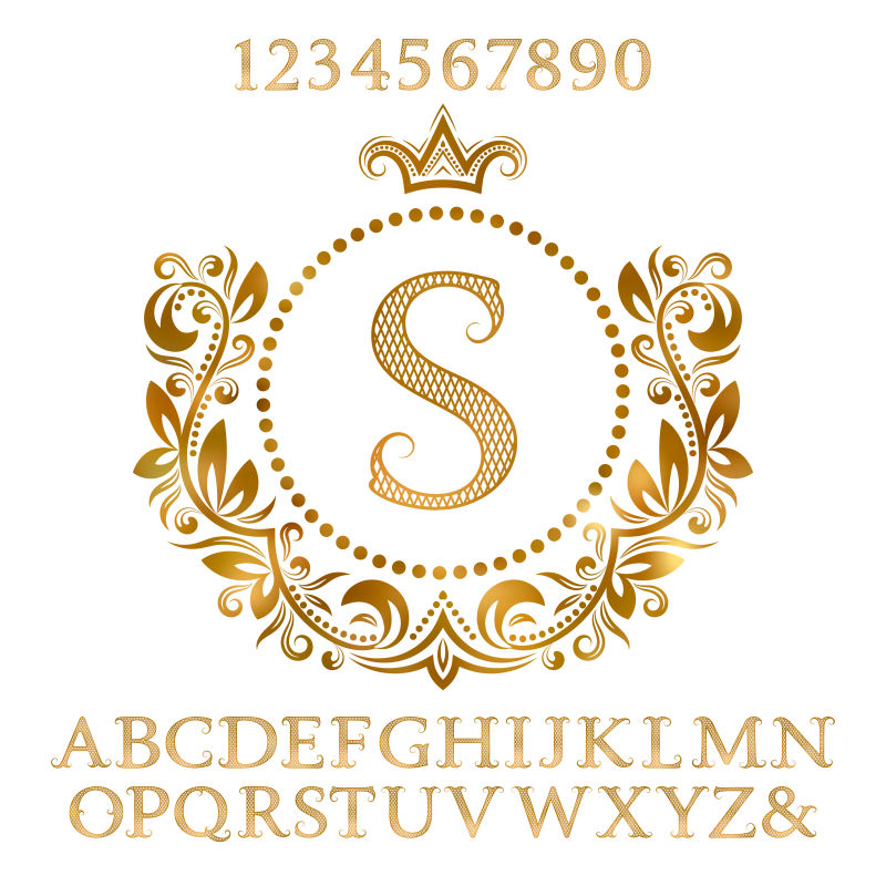 金色花纹装饰的矢量字体设计