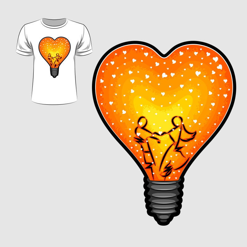 创意矢量爱心灯泡元素的T恤图案设计