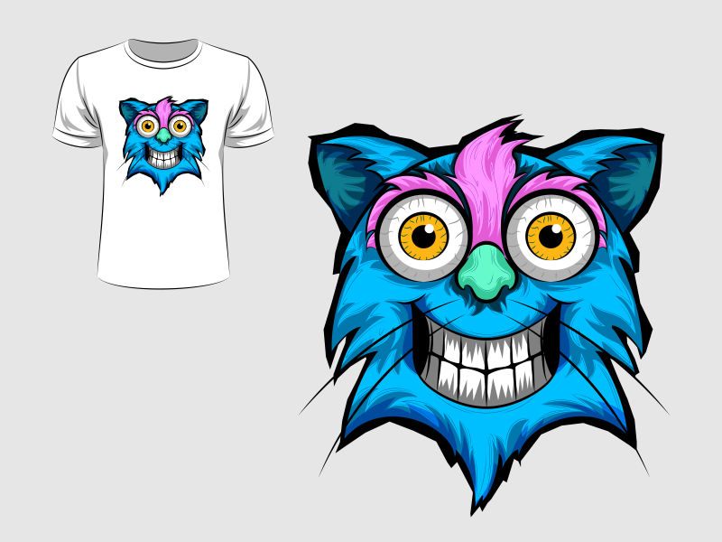 创意矢量卡通蓝猫元素的T恤图案设计