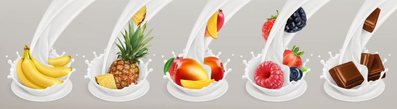 抽象矢量各种水果牛奶设计插图
