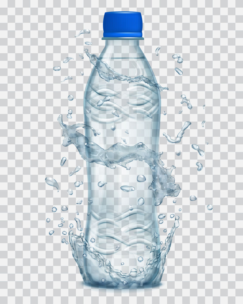 抽象矢量透明水瓶周围的水滴插图