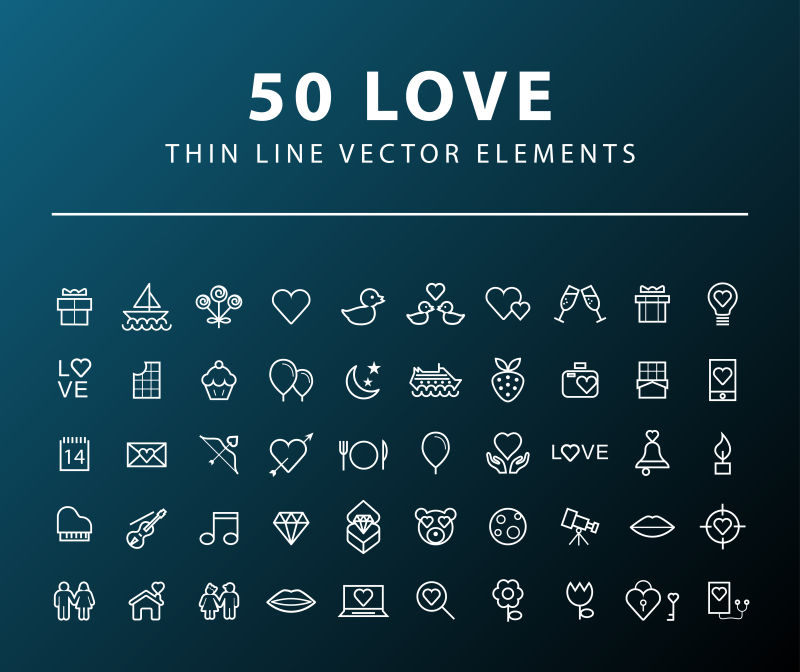 创意矢量恋爱主题的细线图标设计