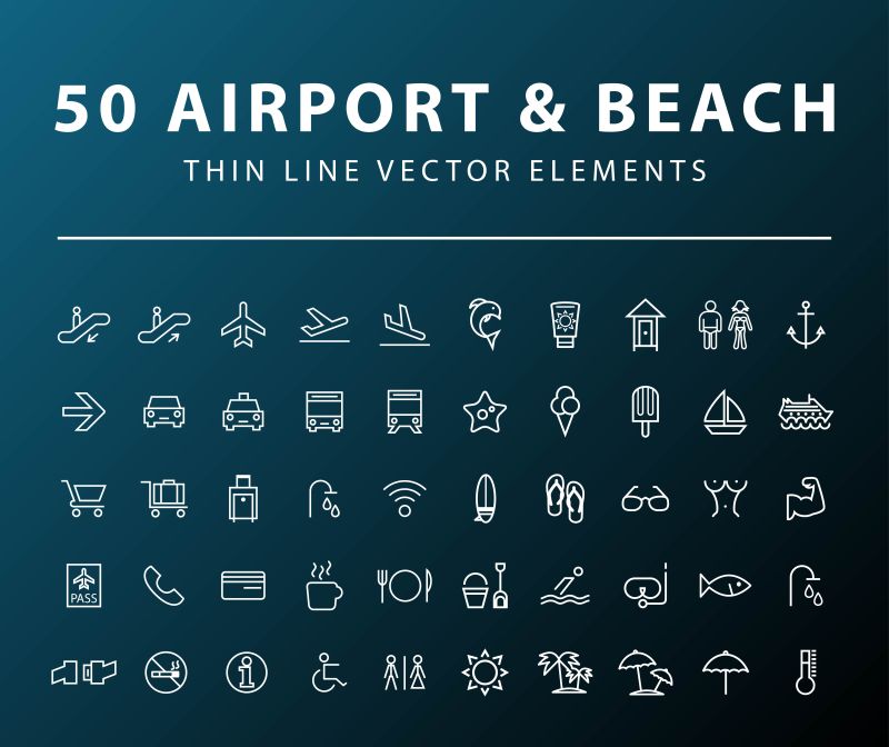 抽象矢量机场和沙滩主题的细线图标设计
