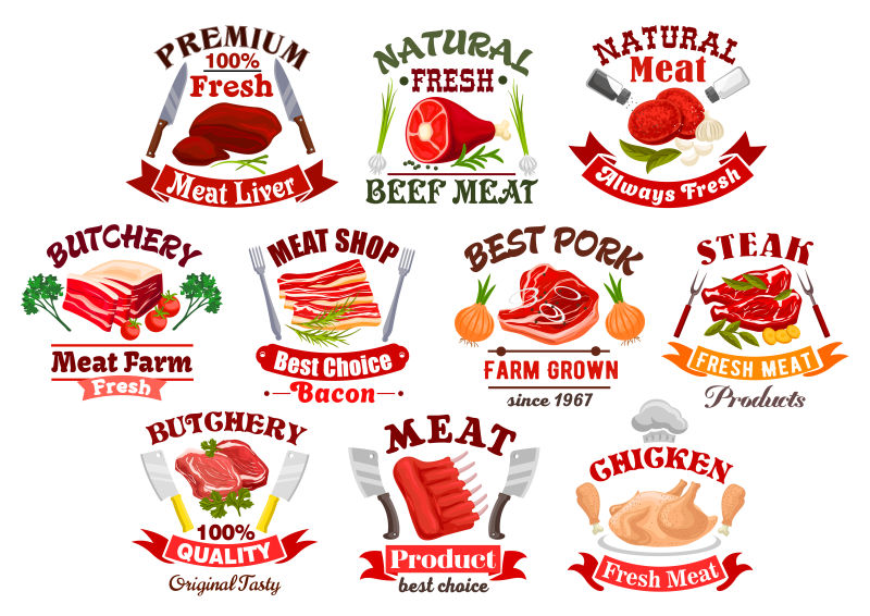 抽象矢量肉类主题的平面标志设计