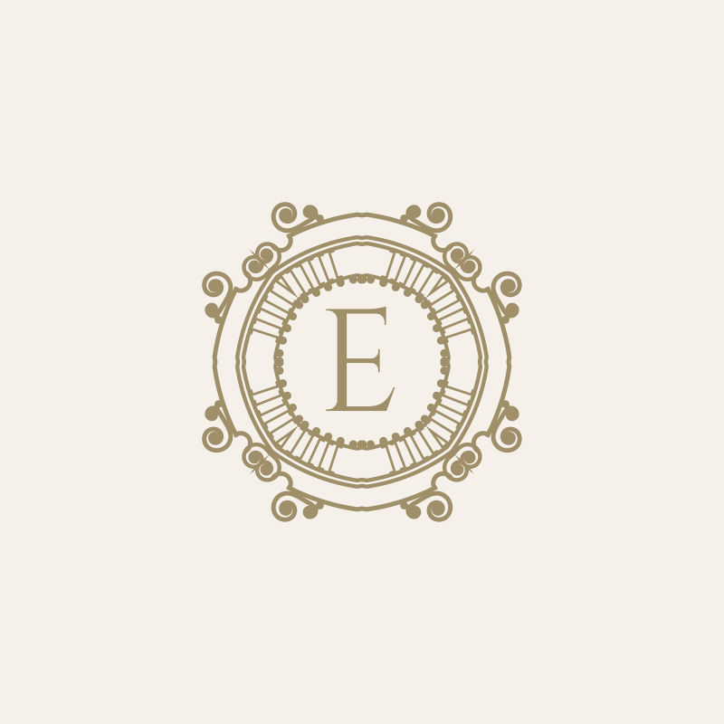 字母E蓬勃发展的书法单字徽章模板