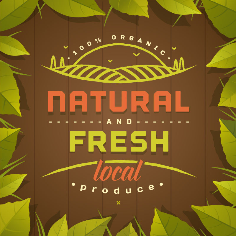 自然清新-健康饮食的引述-棕色背景-绿色叶框-天然当地种植的有机食品海报或横幅-矢量图