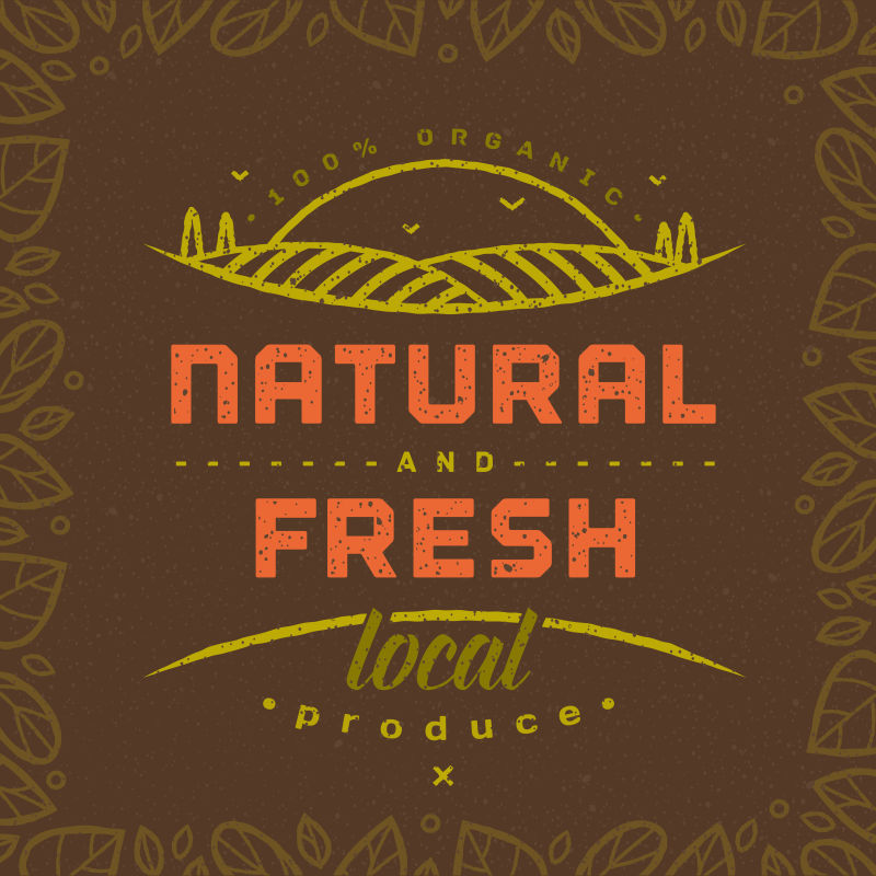 自然清新-健康饮食引述棕色背景与线性叶框架-天然当地种植的有机食品海报或横幅-矢量图