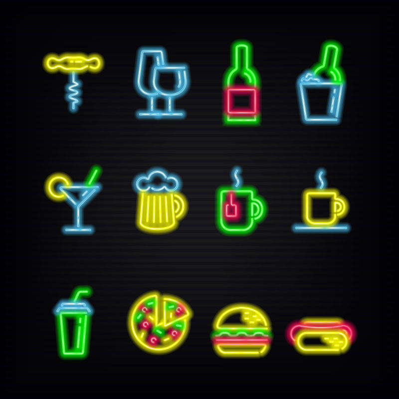 抽象矢量现代快餐元素的霓虹灯图标设计