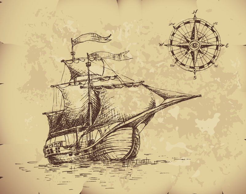抽象矢量海上帆船的手绘插图
