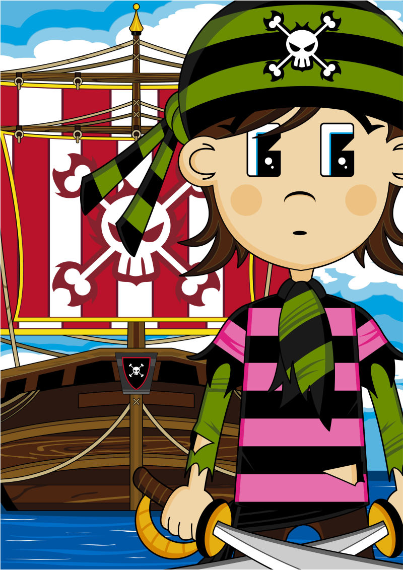 海盗水手和船可爱的卡通插图