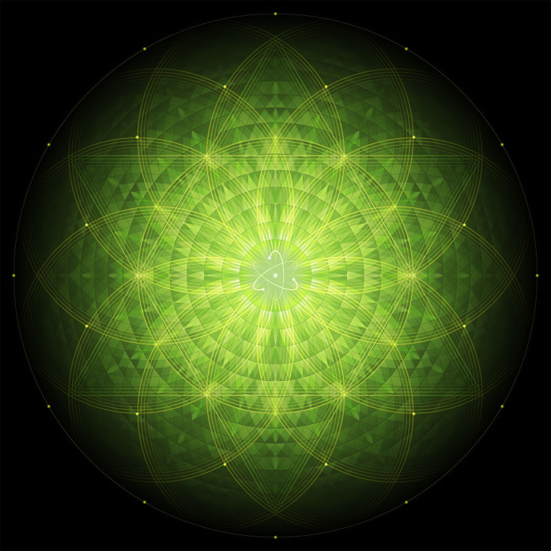黑色背景上的复杂绿色几何曼荼罗神圣几何学生命之花和原子矢量