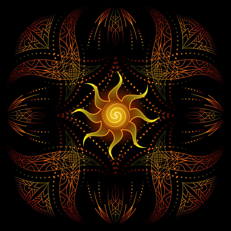 装饰角落红色黄色迷幻花卉几何装饰框架风格化的太阳黑色背景使用不透明面膜矢量EPS 10