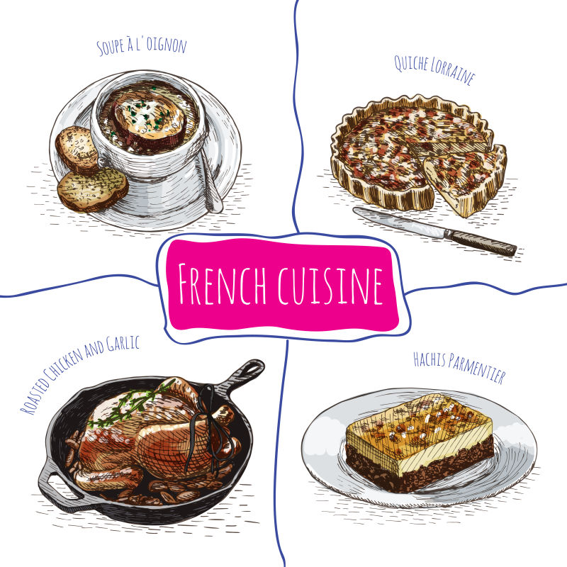 创意矢量现代美味的法国菜插图设计