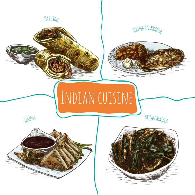 创意矢量现代手绘印度美食插图