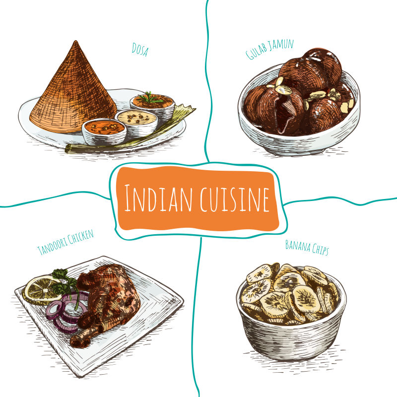 创意矢量现代印度菜手绘插图设计