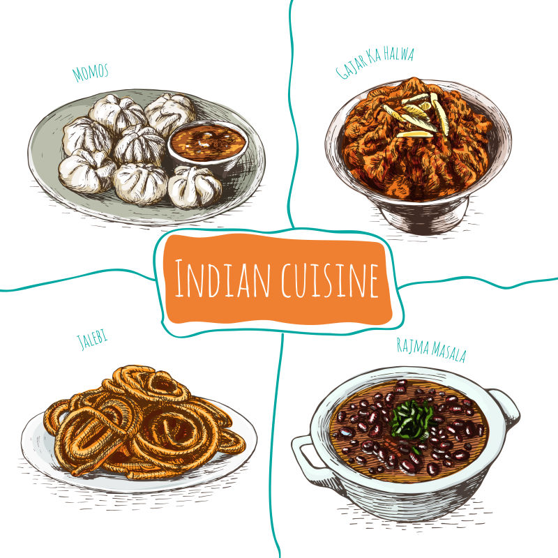 创意矢量现代手绘印度菜插图设计