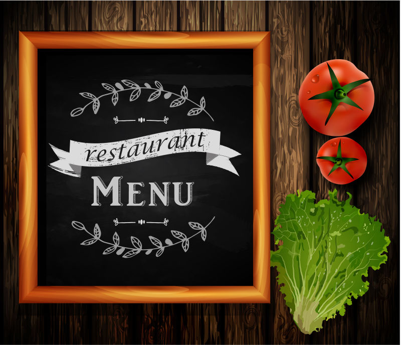抽象矢量黑板上的菜单和蔬菜插图