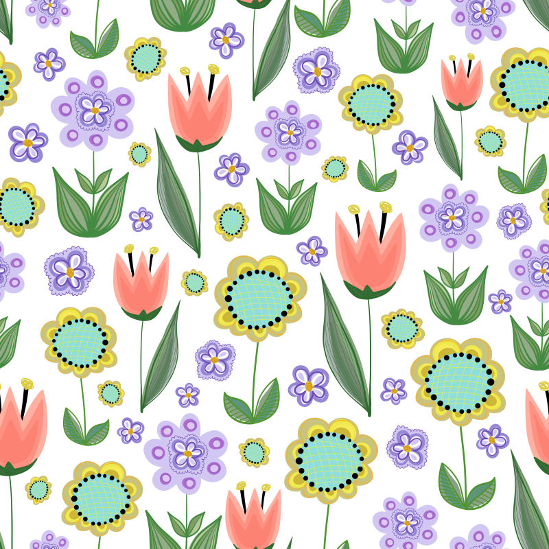 无缝背景与花卉图案-红郁金香-洋甘菊-绿叶-夏季装饰品-可用于壁纸包装纸纺织品的印刷